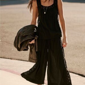 Free People Black Lace Trim Pajama Top
